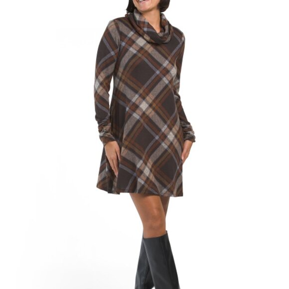CHETTA B Brown Plaid Removable Funnel Neck Plaid Mini Dress - Picture 4 of 4
